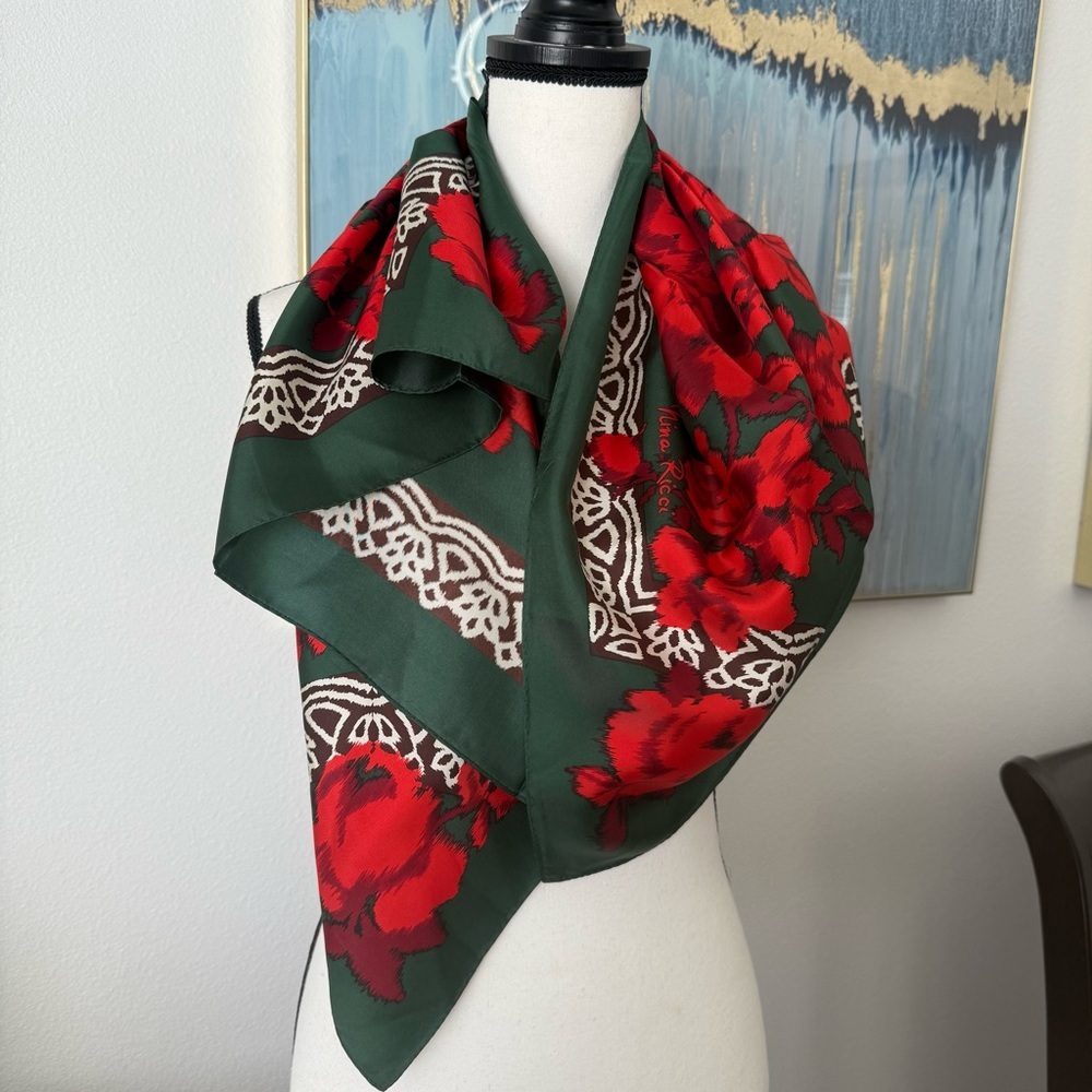 Nina Ricci Vintage Silk Green Red Roses Floral Square Scarf